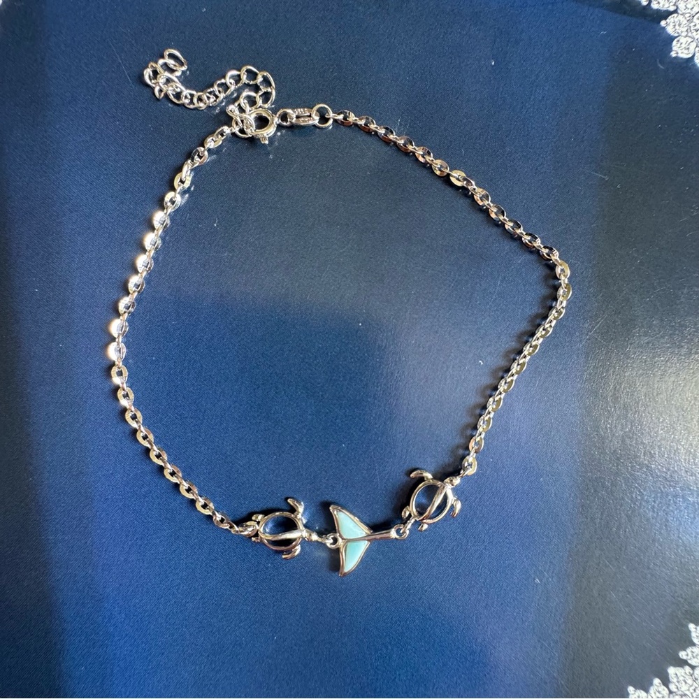 925 Sterling Silver Sea Turtle & inlaid Larimar whale 🐳 Tail Ankle-lace -